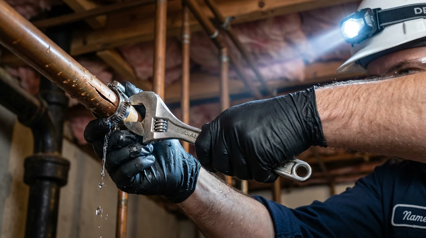 Emergency pipe clamp repair being performed by a Johns Plumbing LLC plumber in Riverview