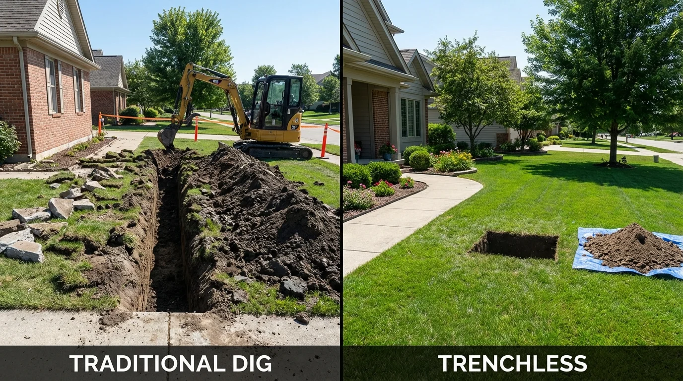Trenchless sewer repair with minimal yard damage versus traditional excavation in Riverview, MI
