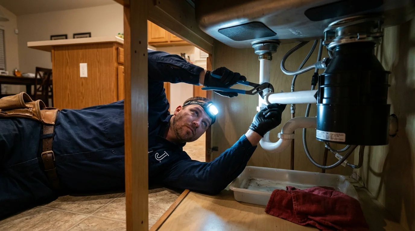 P-trap and supply line connections under a kitchen sink showing a common leak point in Riverview, MI